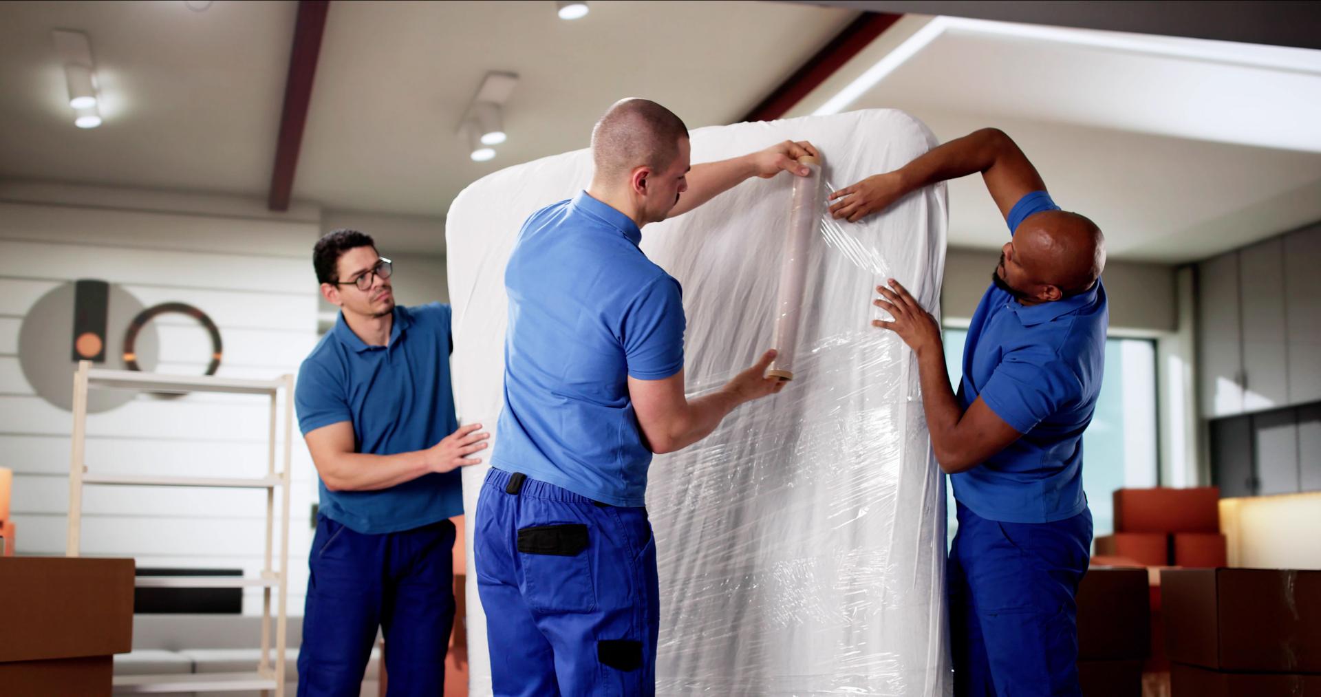Diverse group of movers pack mattress